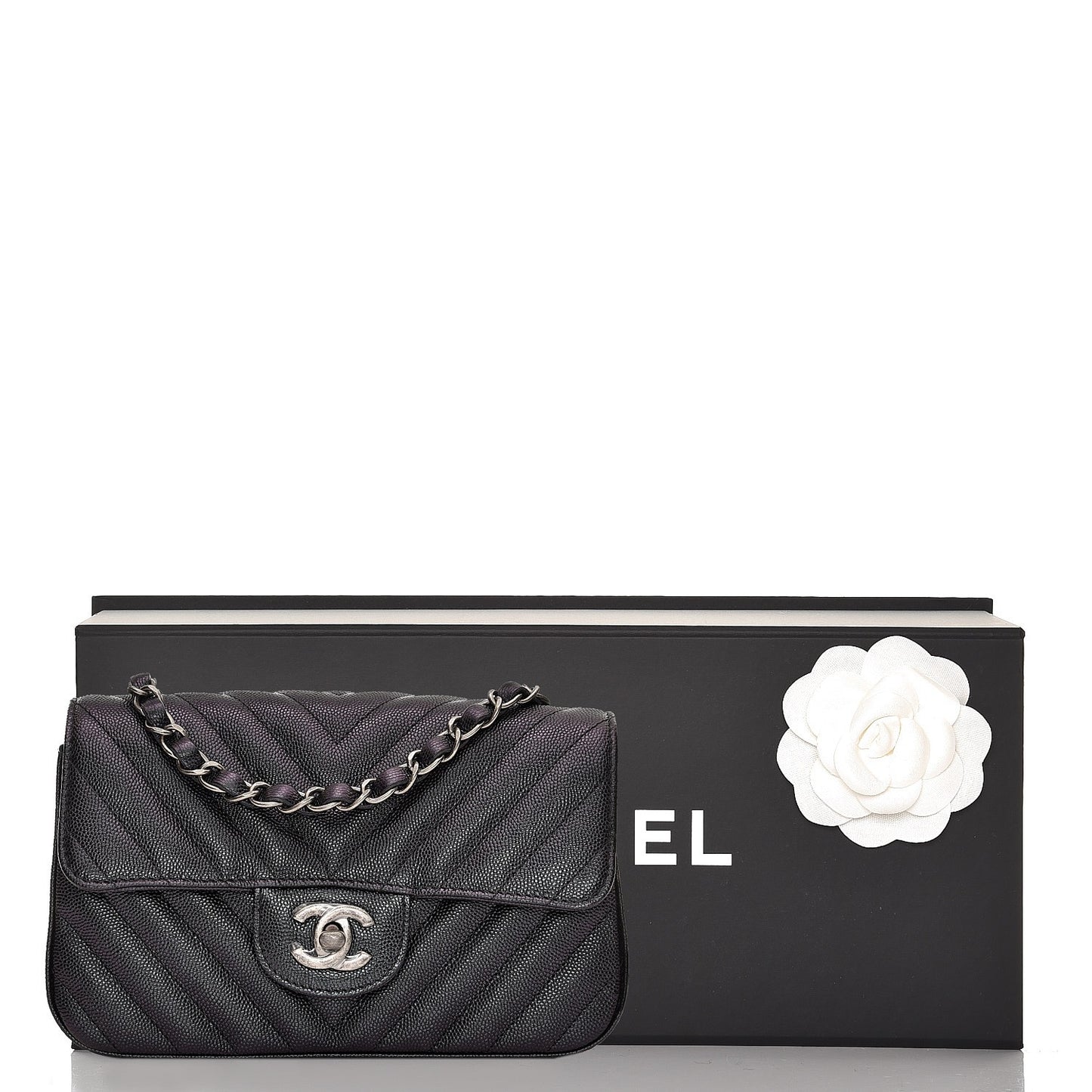 Metallic Caviar Chevron Quilted Mini Rectangular Flap Black