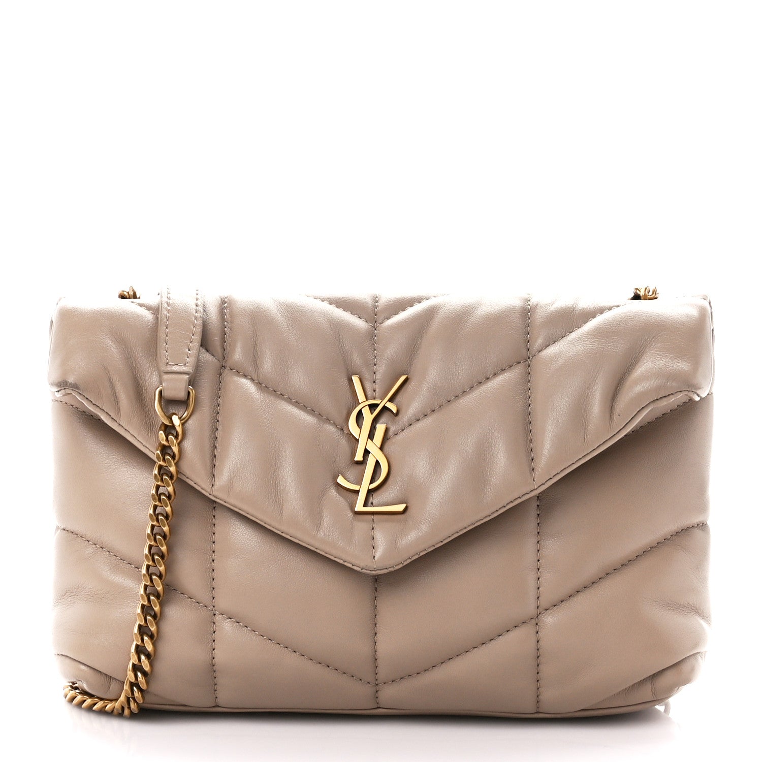 Saint Laurent Lambskin Quilted Toy Loulou Puffer Monogram Chain Satchel Dark Beige 1 of 13