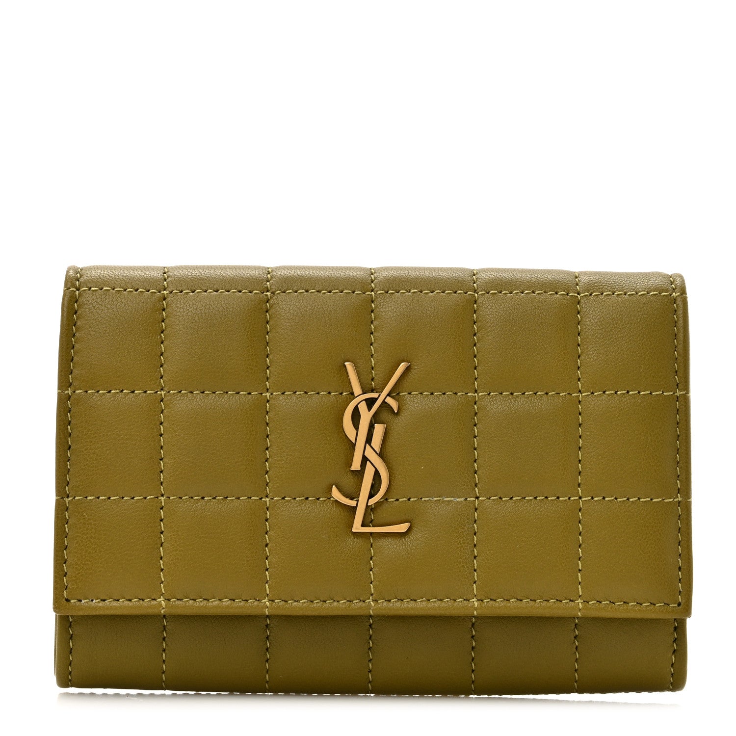 Saint Laurent Lambskin Carre Quilted Cassandre Small Envelope Wallet Olive Drab 1 of 7