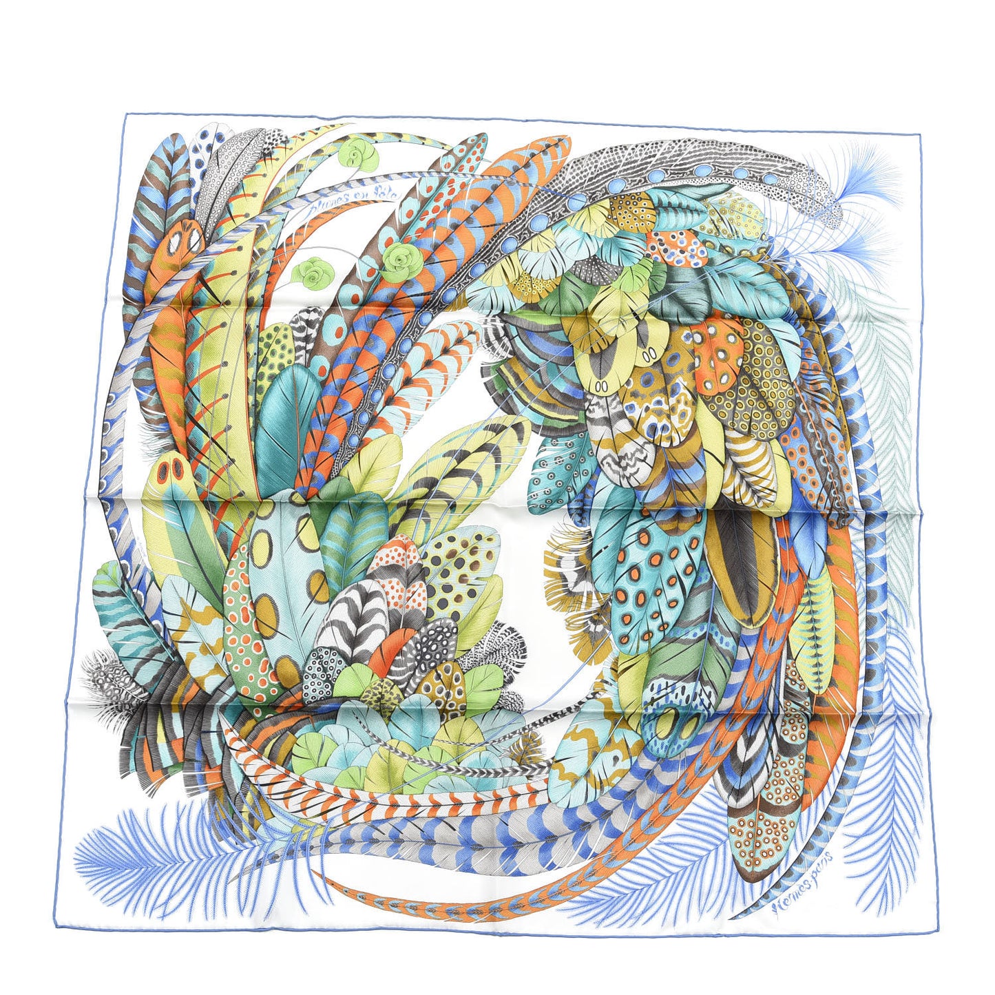 Silk Plumes En Fete Scarf 90 Blanc Turquoise Multicolor