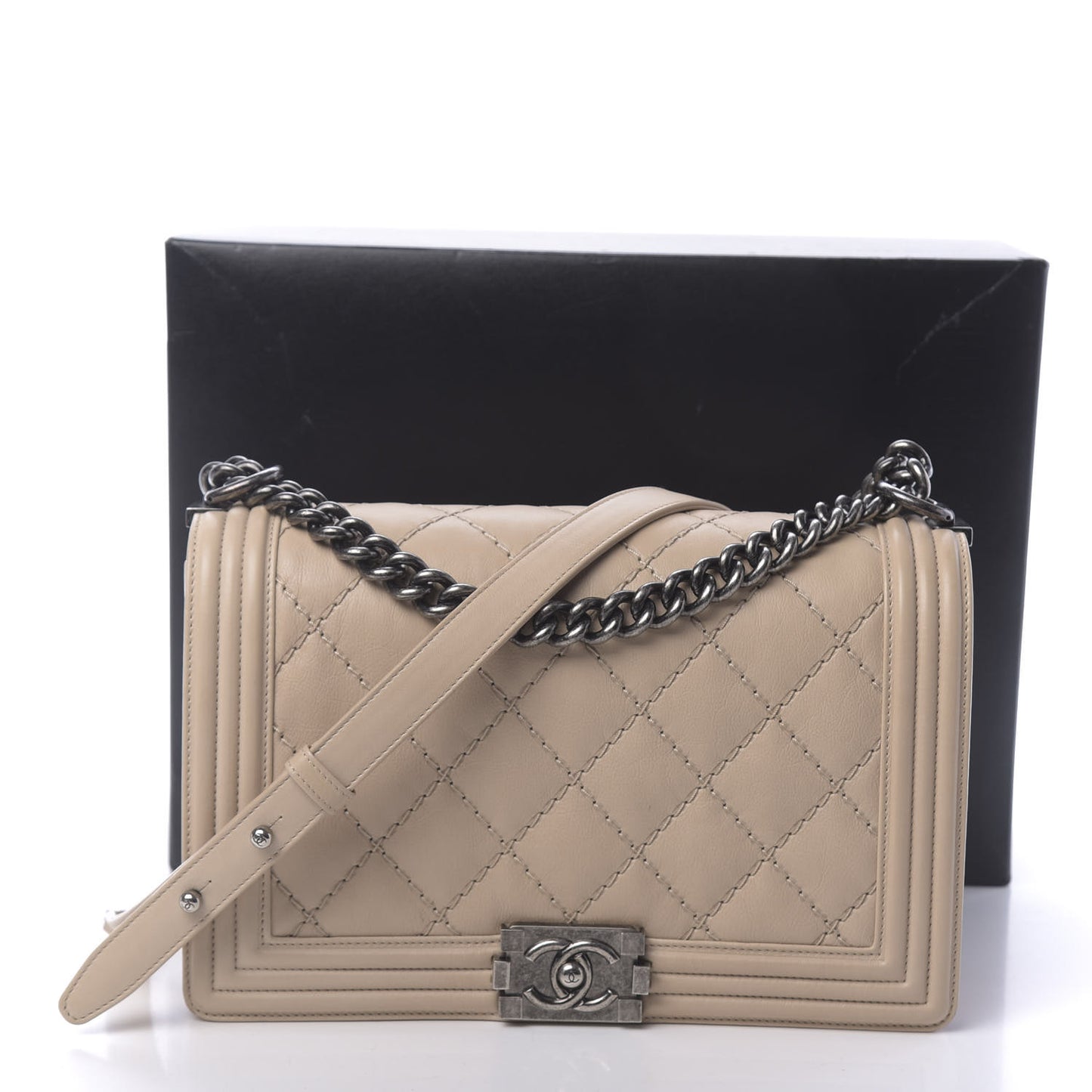 Quilted Double Stitch New Medium Boy Flap Beige