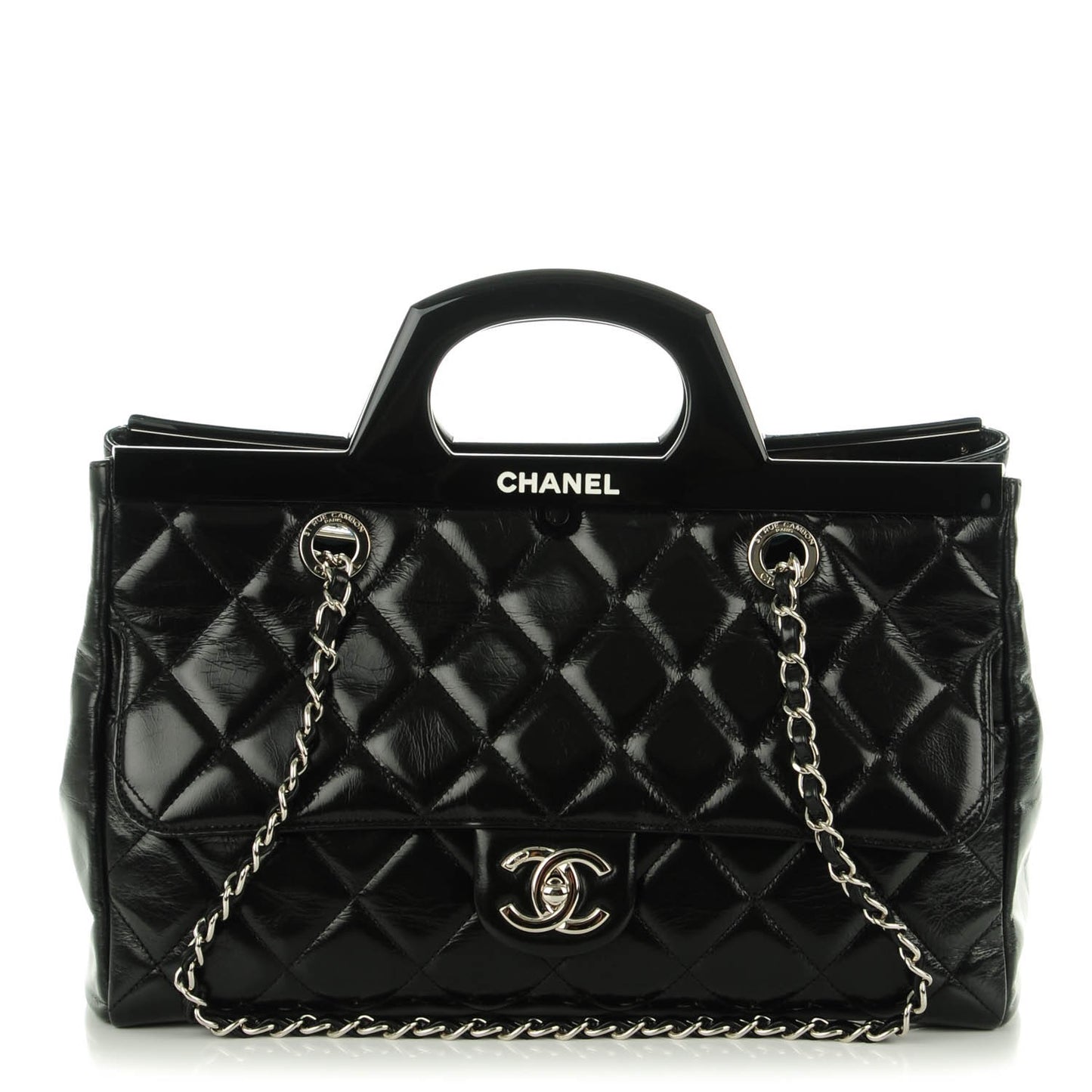 Glazed Calfskin Quilted Small CC Delivery Tote Black