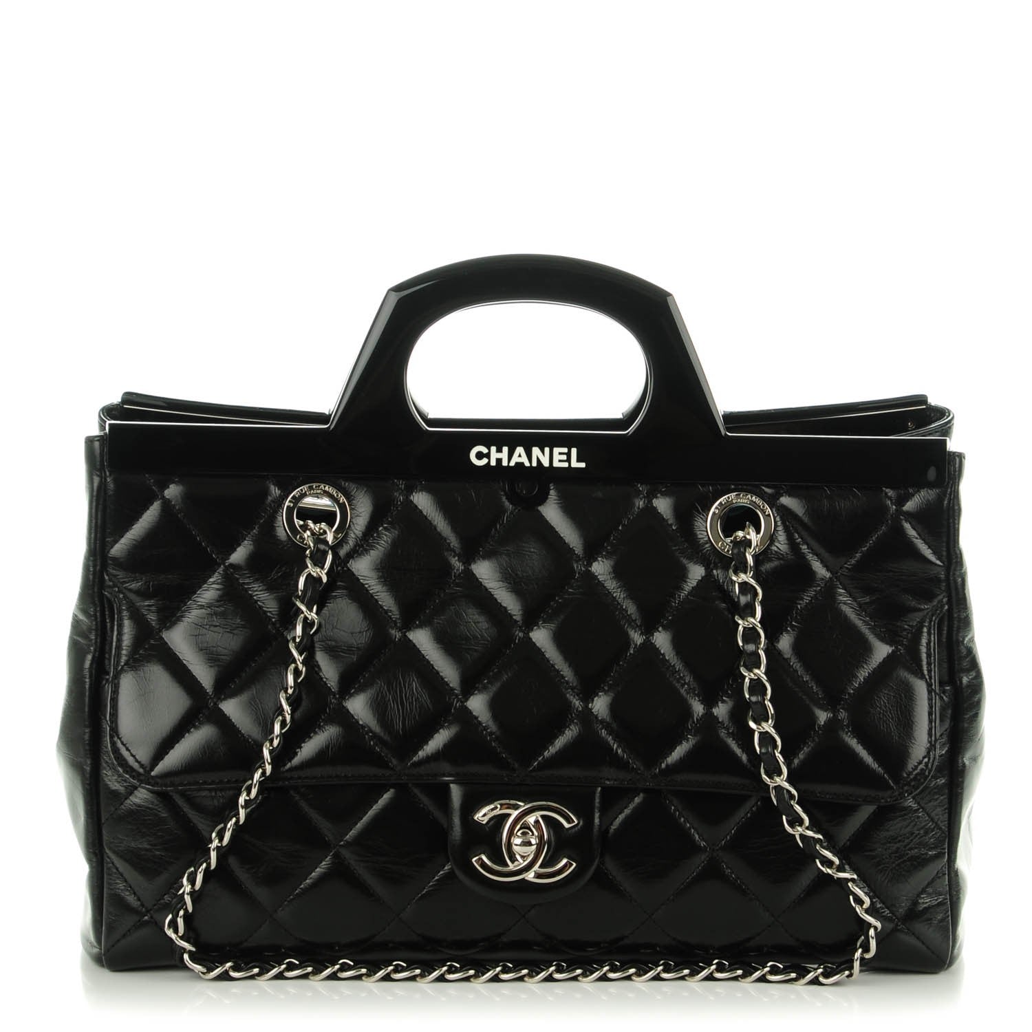 Chanel Glazed Calfskin Quilted Small CC Delivery Tote Black 1 of 7