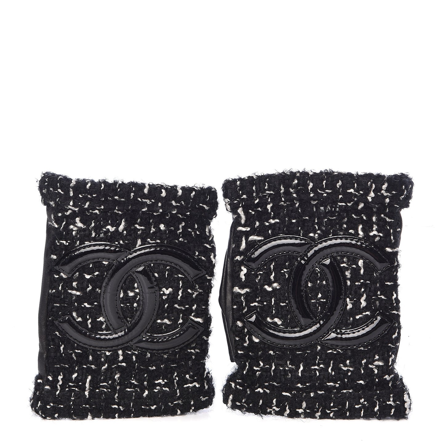Lambskin Fantasy Tweed Patent CC Fingerless Gloves 7 Black White
