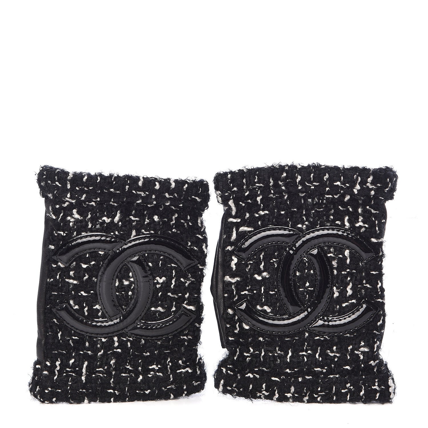 Chanel Lambskin Fantasy Tweed Patent CC Fingerless Gloves 7 Black White 1 of 4