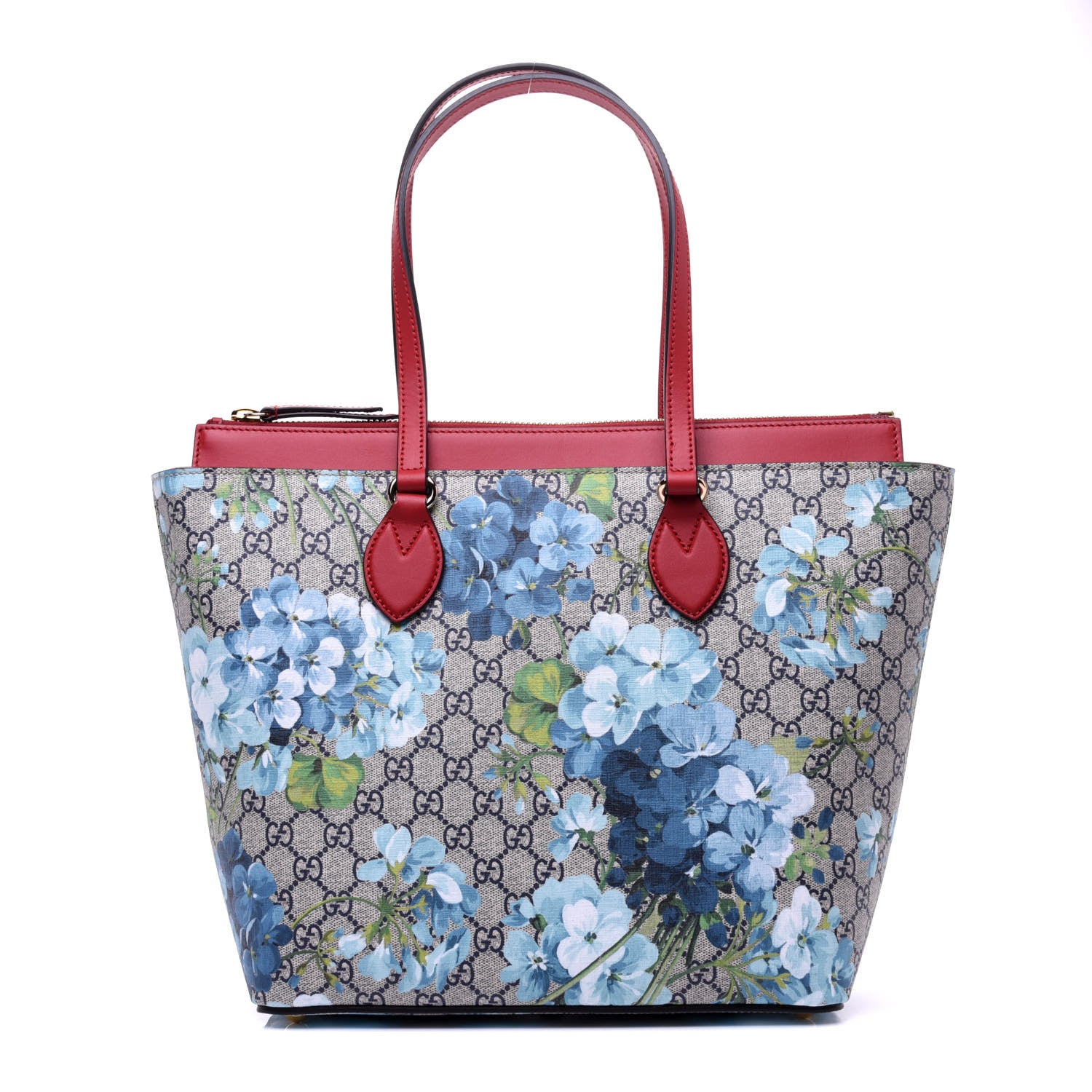 Gucci GG Supreme Monogram Blooms Medium Zippered Bucket Tote Beige Blue Navy Hibiscus Red 1 of 11