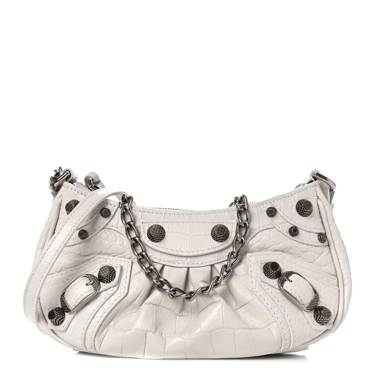 Extra Supple Calfskin Crocodile Embossed Le Cagole Mini Purse With Chain White