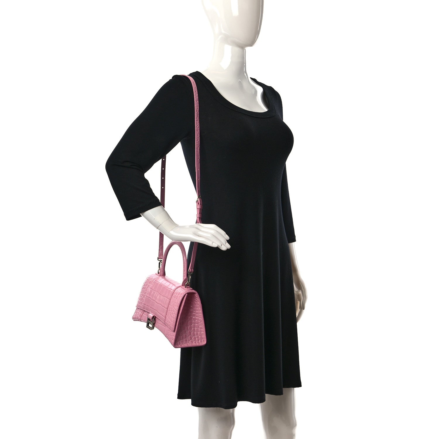 Balenciaga Shiny Calfskin Crocodile Embossed Small Hourglass Top Handle Bag Candy Pink 2 of 10