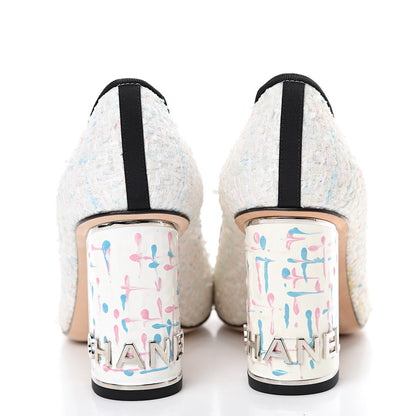 Chanel Tweed Grosgrain Cap Toe Logo Pumps 37.5 Black White Blue Pink 5 of 11
