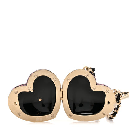 Chanel Tweed Lambskin CC Heart Locket Necklace Gold Black Pink 4 of 6