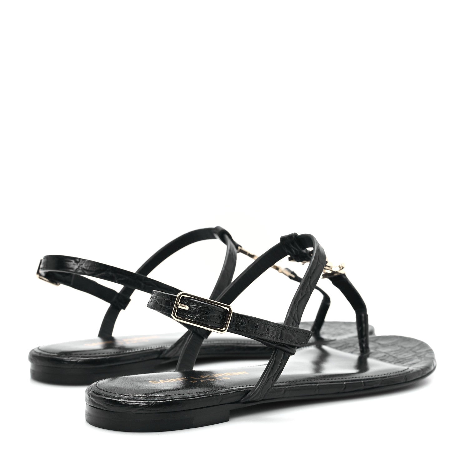 Saint Laurent Calfskin Crocodile Embossed Cassandra Monogram Sandals 35.5 Black 5 of 11