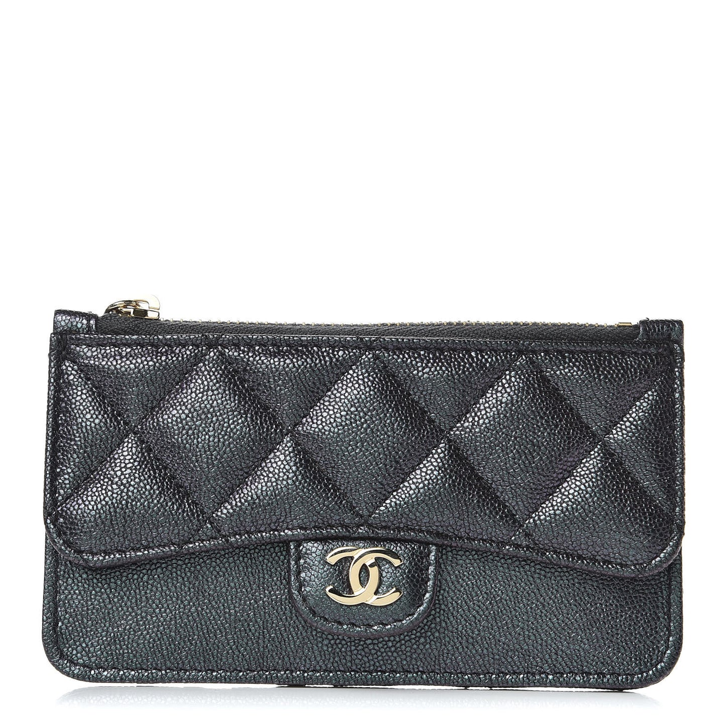 Iridescent Caviar Quilted Flap Zip Card Holder Black