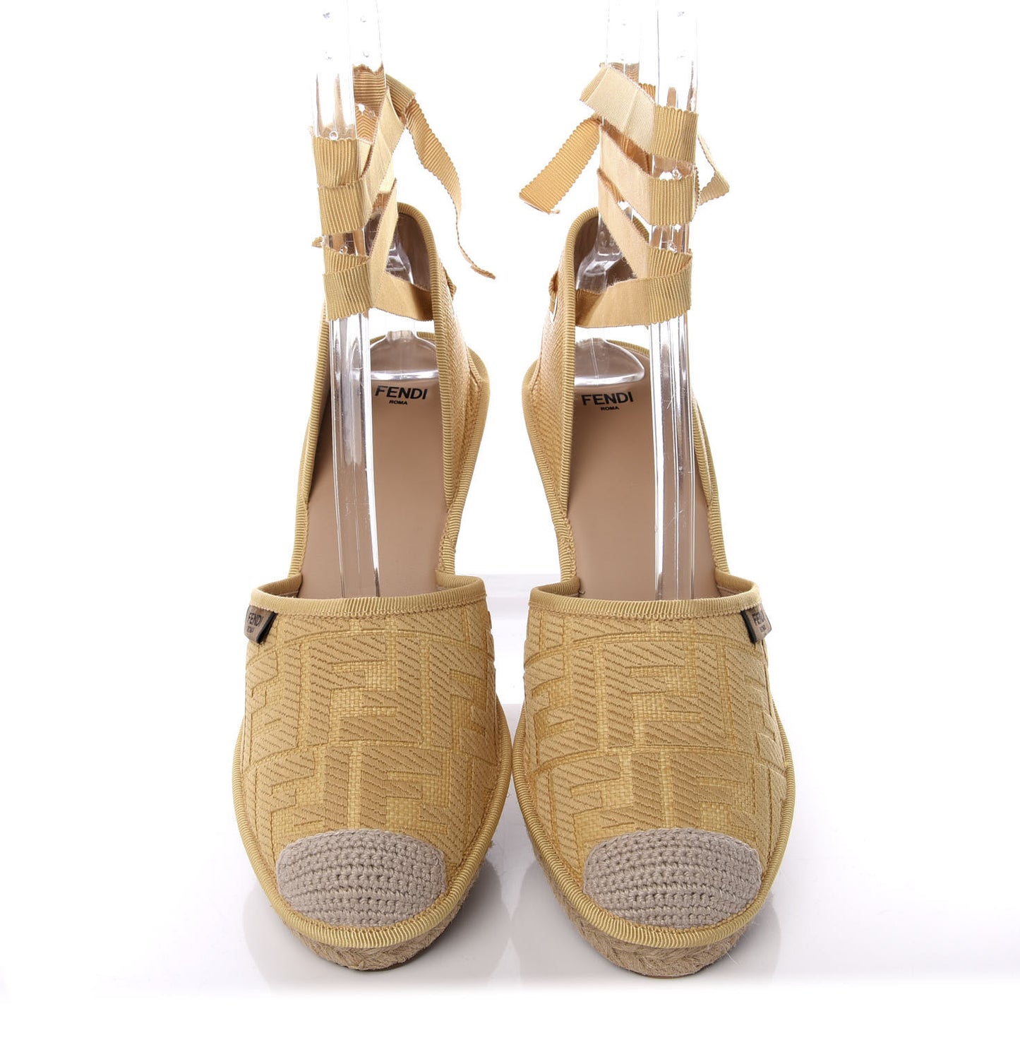 Rafia FF Embroidered Roma Ankle Wrap Espadrille Wedges 41 Natural