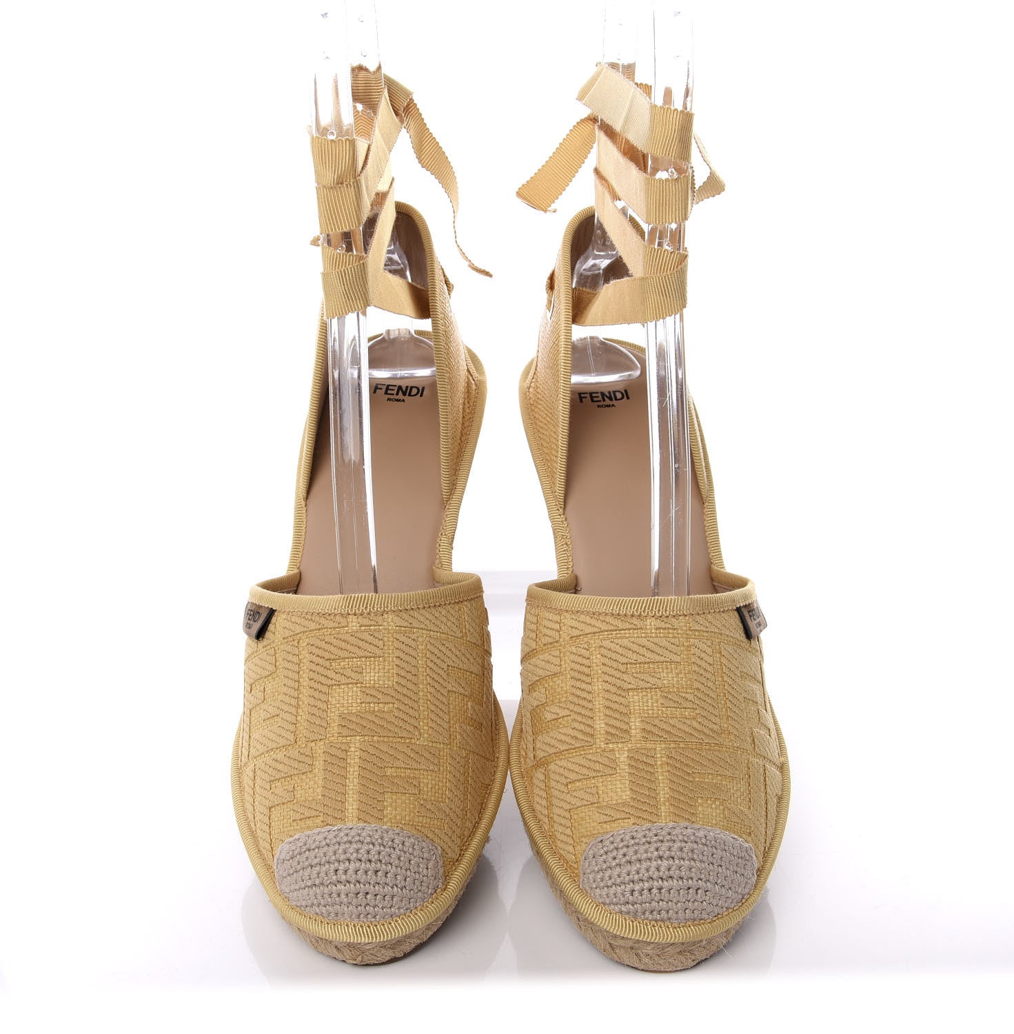 Fendi Rafia FF Embroidered Roma Ankle Wrap Espadrille Wedges 41 Natural 4 of 10