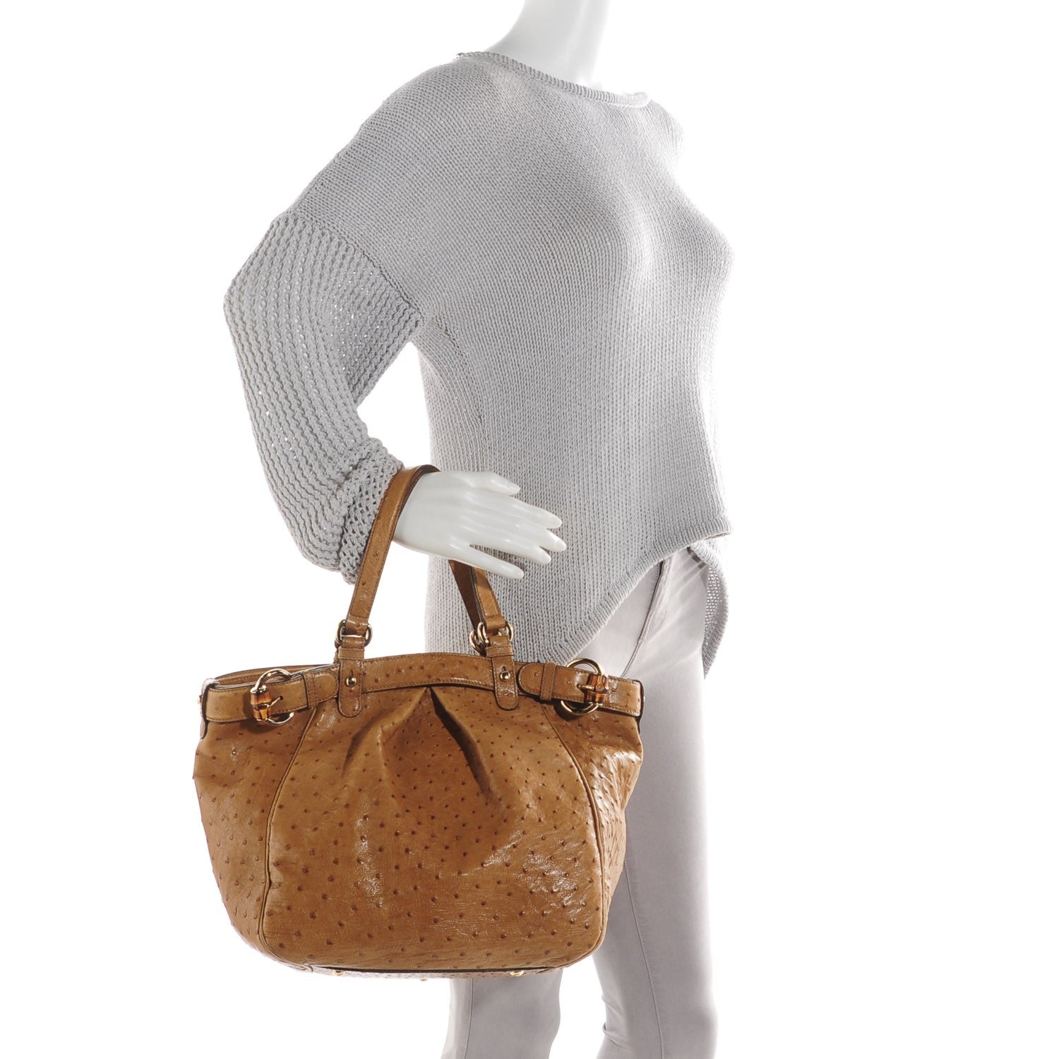 Gucci Ostrich Medium Bamboo Buckle Tote Tan 2 of 8