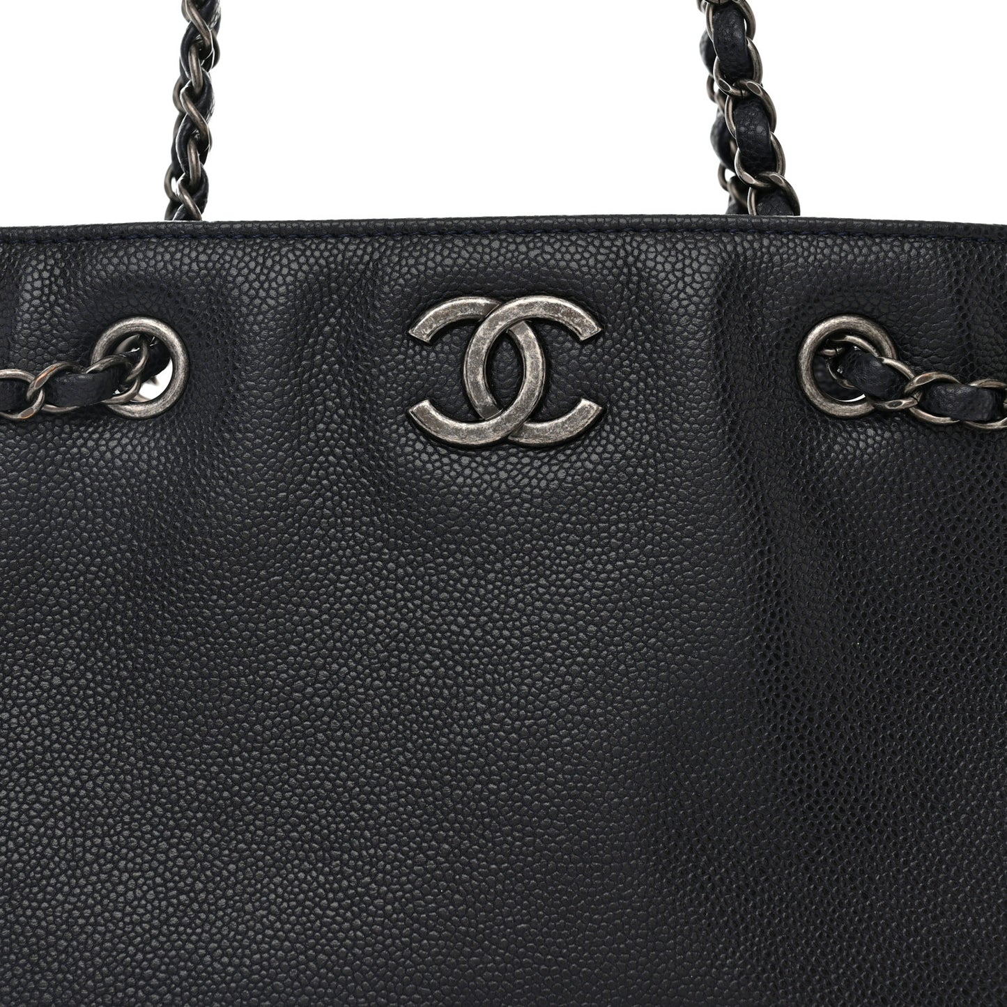 Metallic Grained Calfskin Woven Chain Medium Shopping Tote Dark Navy