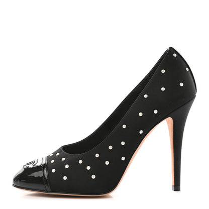 Chanel Satin Pearl Patent Cap Toe Pumps 38 Black 1 of 8