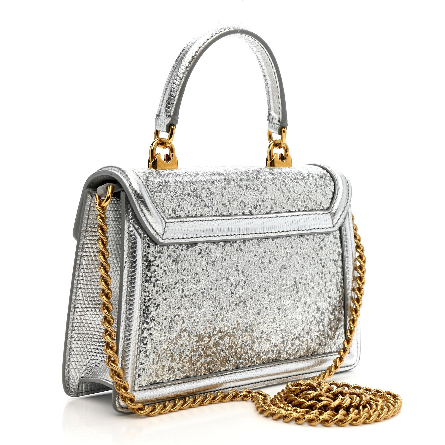 Dolce & Gabbana Glitter Metallic Lizard Small Devotion Top Handle Bag Silver 3 of 12