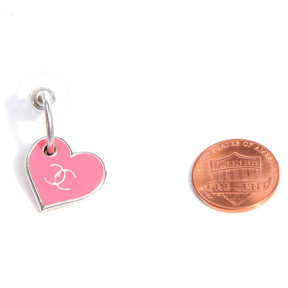 Chanel Enamel Valentine CC Heart Earrings Pink Silver 2 of 4