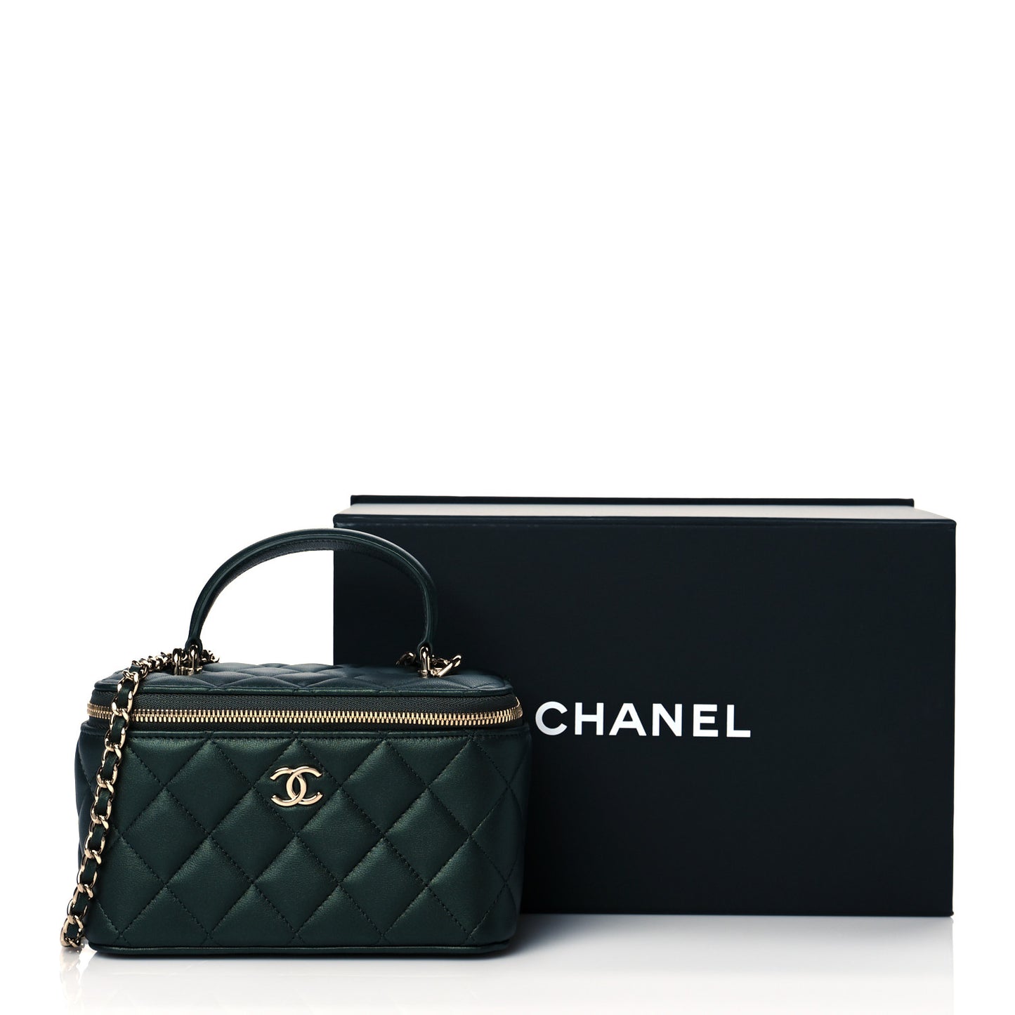 Iridescent Lambskin Quilted Small Top Handle Vanity Case With Chain Dark Green