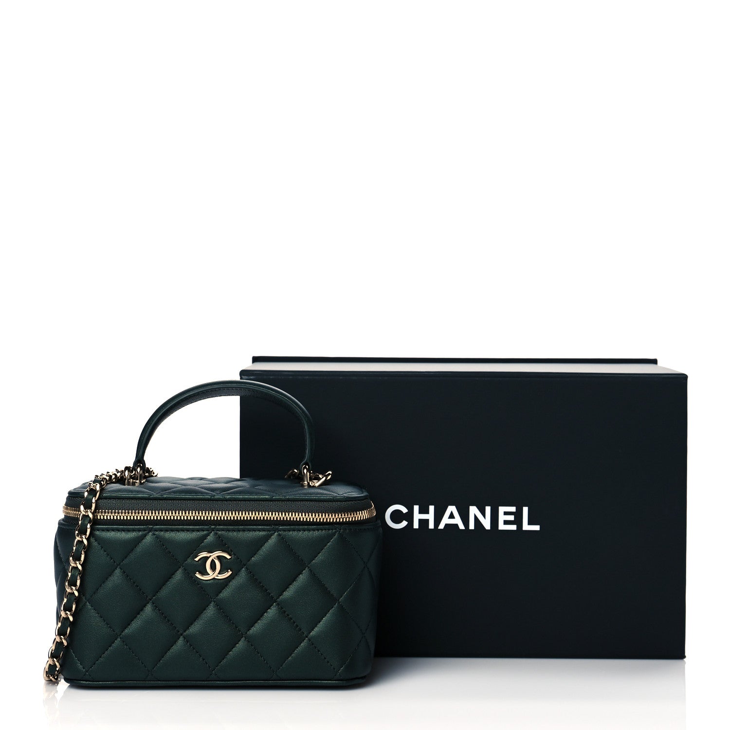 Chanel Iridescent Lambskin Quilted Small Top Handle Vanity Case With Chain Dark Green 12 of 12