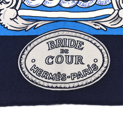 Hermes Cashmere Silk Bride De Cour Remix Shawl 140 Bleu Marine Cobalt Gold 2 of 5
