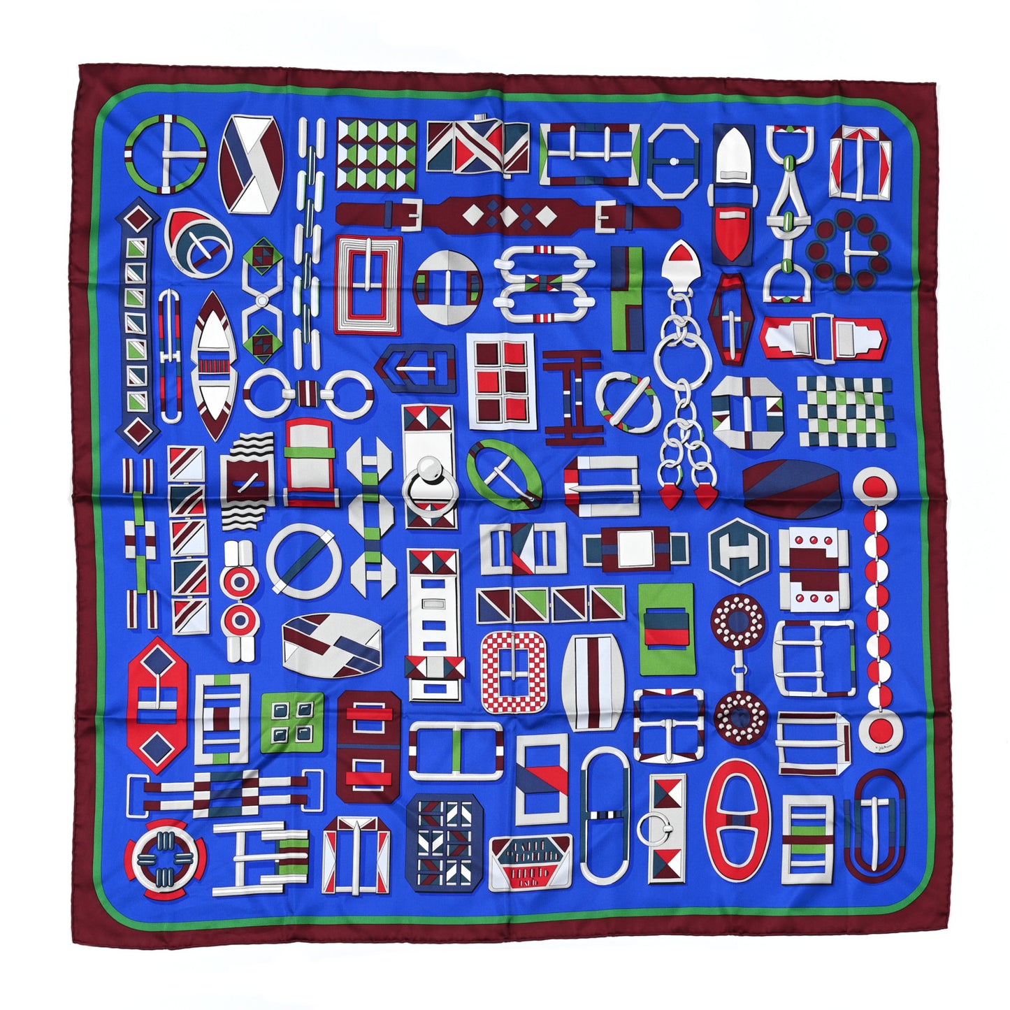 Silk Carré en Boucles Scarf 90 Bleu Roy Bordeaux Vert