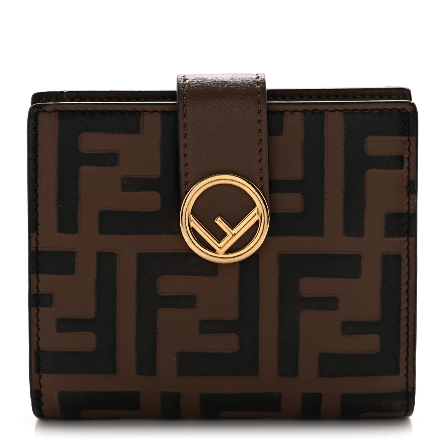 Fendi Vitello Soft F is Fendi Bi-Color FF 1974 Embossed Compact Wallet Maya Black 1 of 8