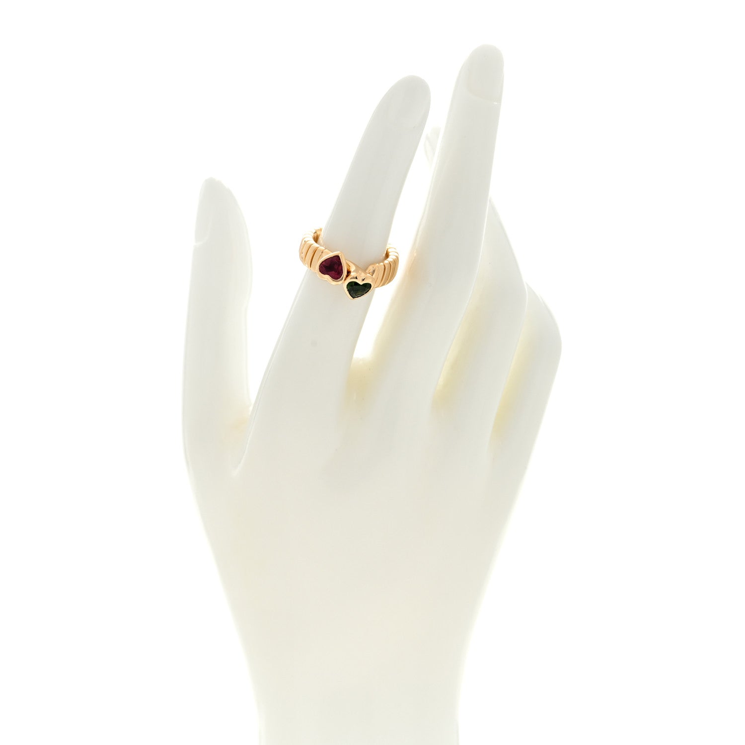 Bulgari 18K Yellow Gold Pink Green Tourmaline Heart Bypass Tubogas Ring 52 6 2 of 4