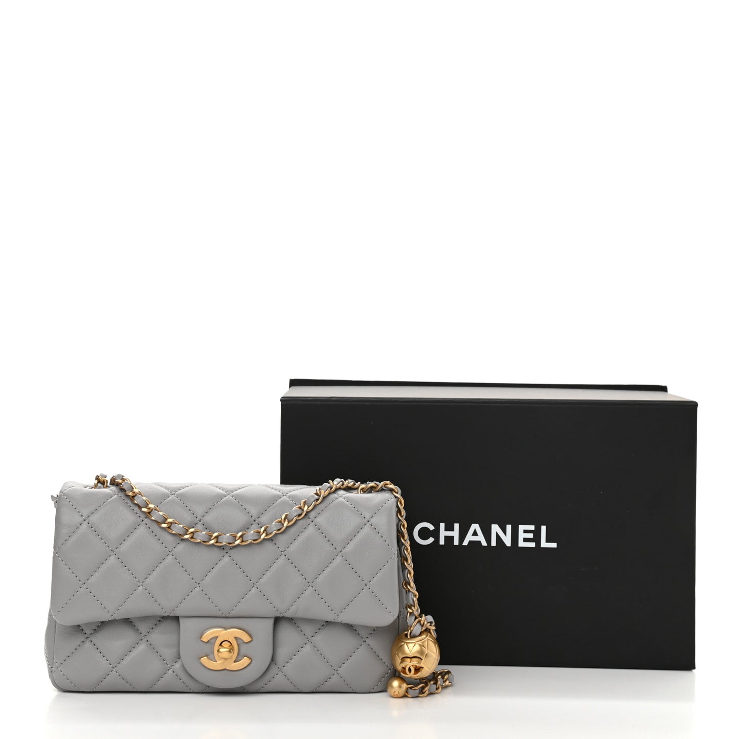 Lambskin Quilted Mini Rectangular Pearl Crush Flap Grey