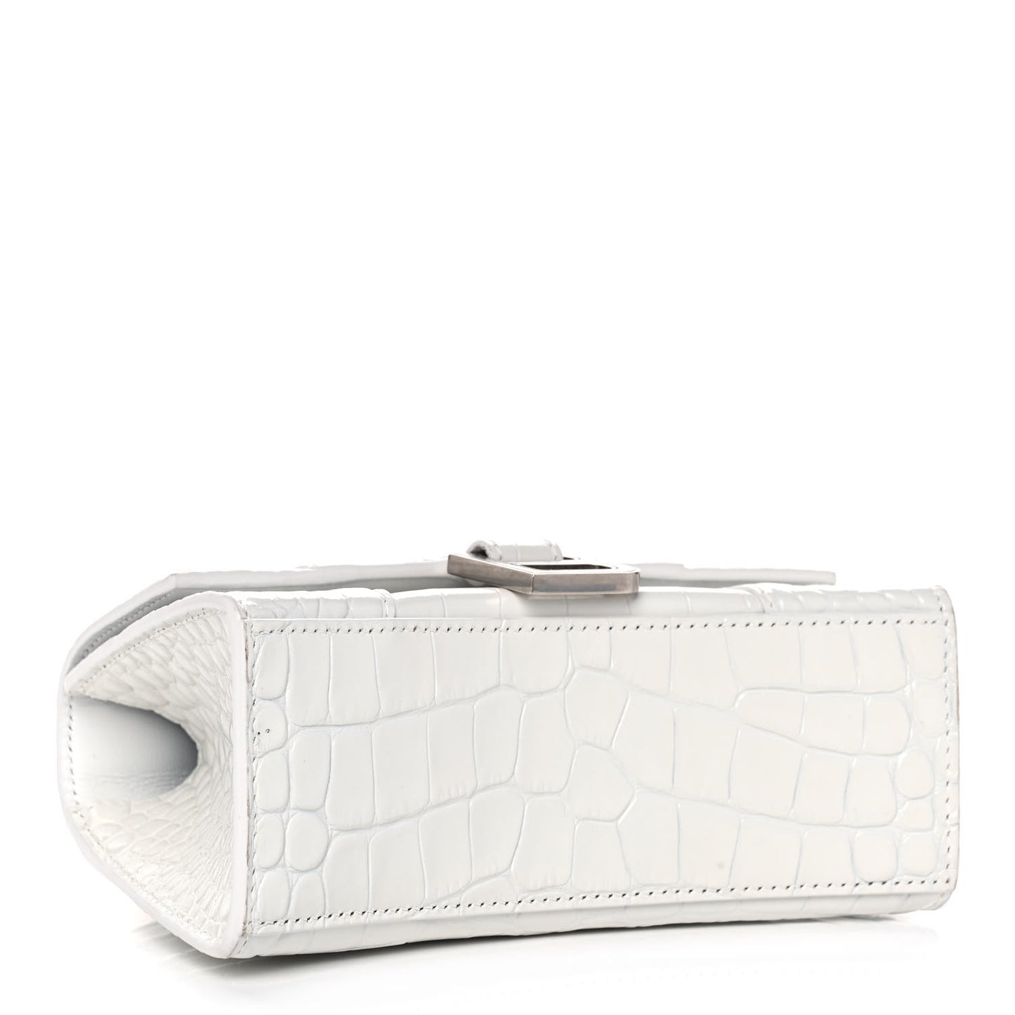 Shiny Calfskin Crocodile Embossed Hourglass Top Handle Bag XS White