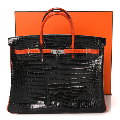 Hermes Shiny Porosus Crocodile Birkin 40 Black Orange 43 of 43