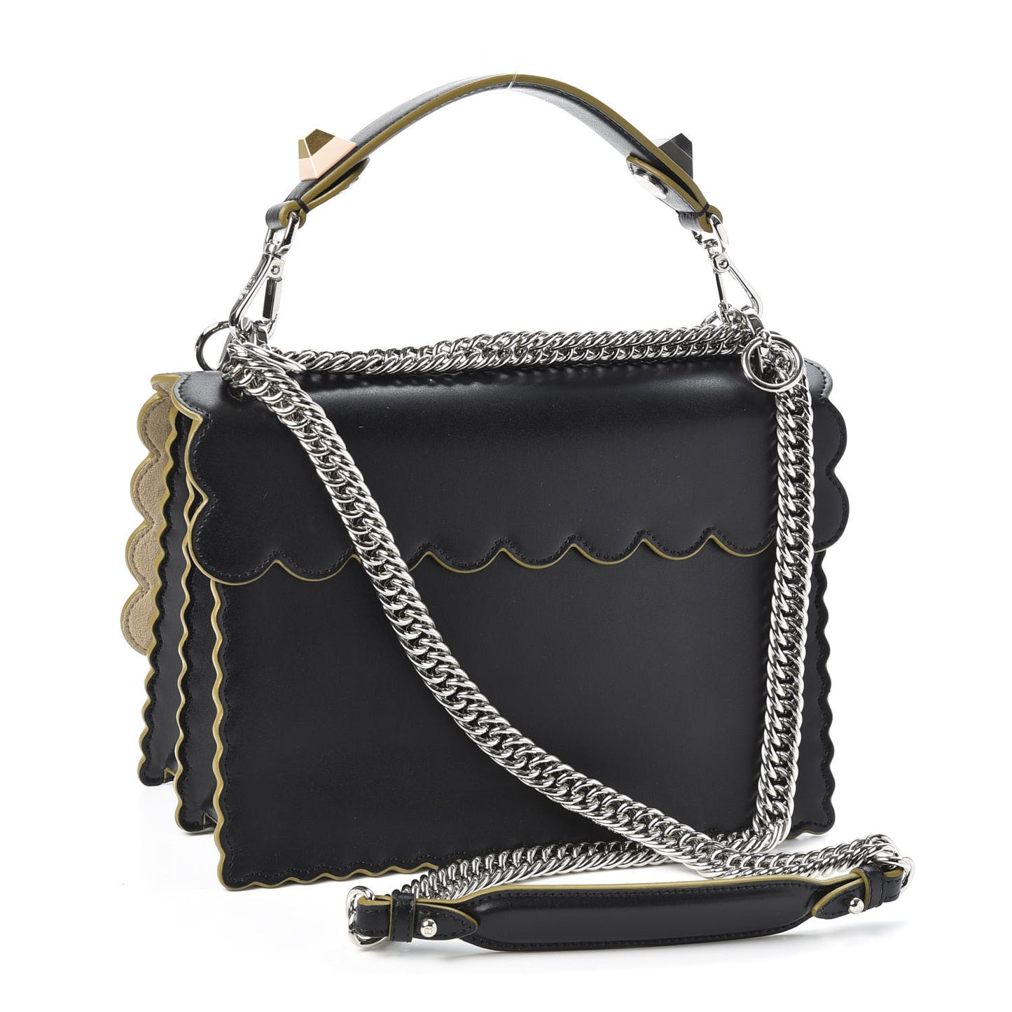 Vitello Liberty Scalloped Studded Kan I Shoulder Bag Black