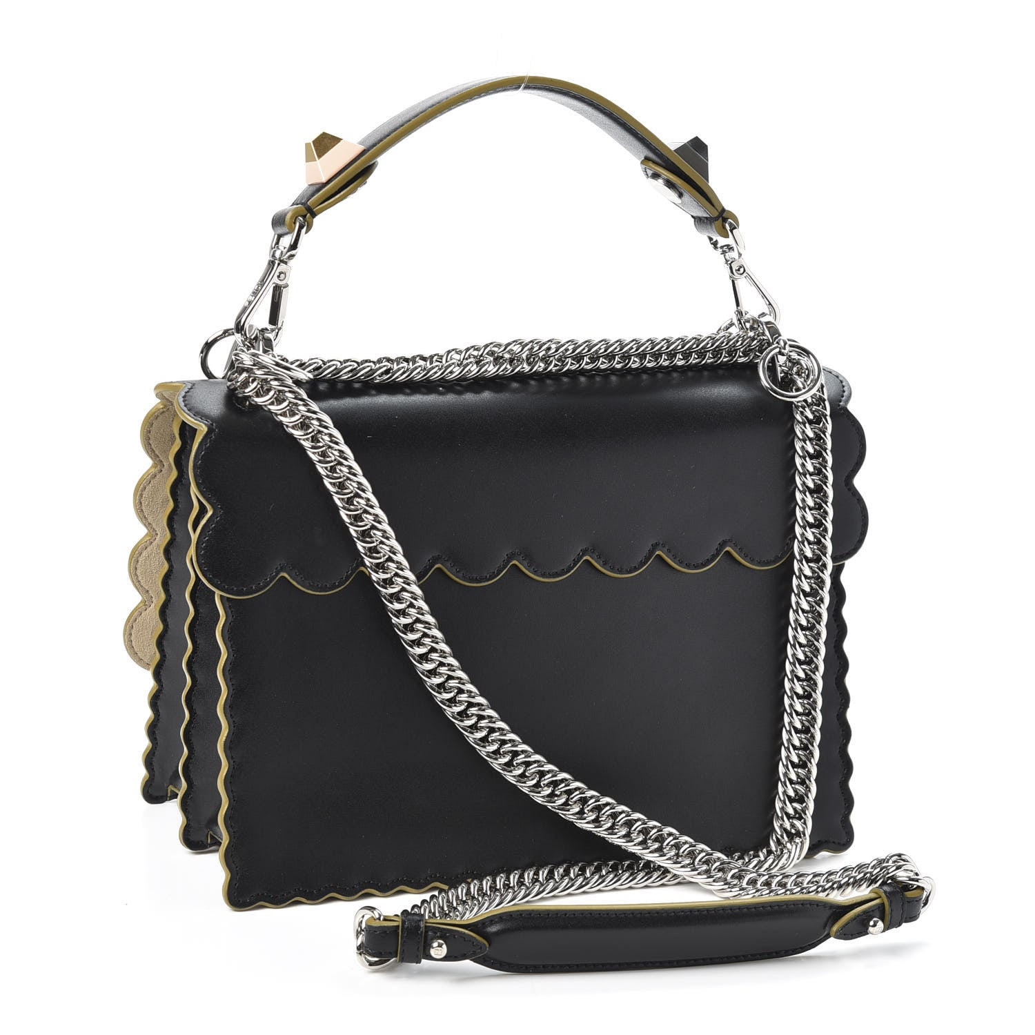 Fendi Vitello Liberty Scalloped Studded Kan I Shoulder Bag Black 2 of 9