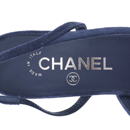 Chanel Suede Cap Toe CC Slingback Pumps 37.5 Blue Black 15 of 16