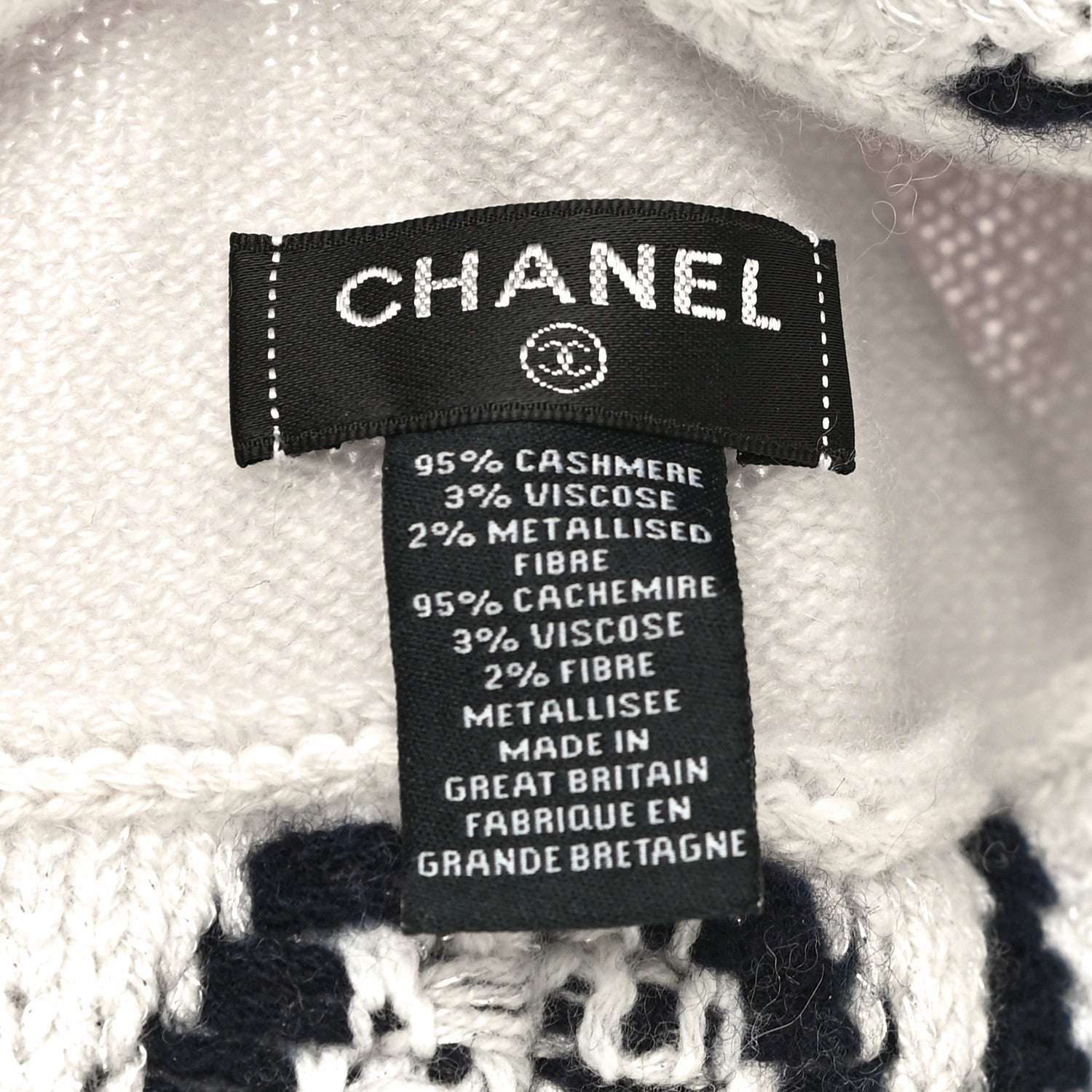 Chanel Cashmere Blend CC Beanie Hat White Navy Blue 5 of 9
