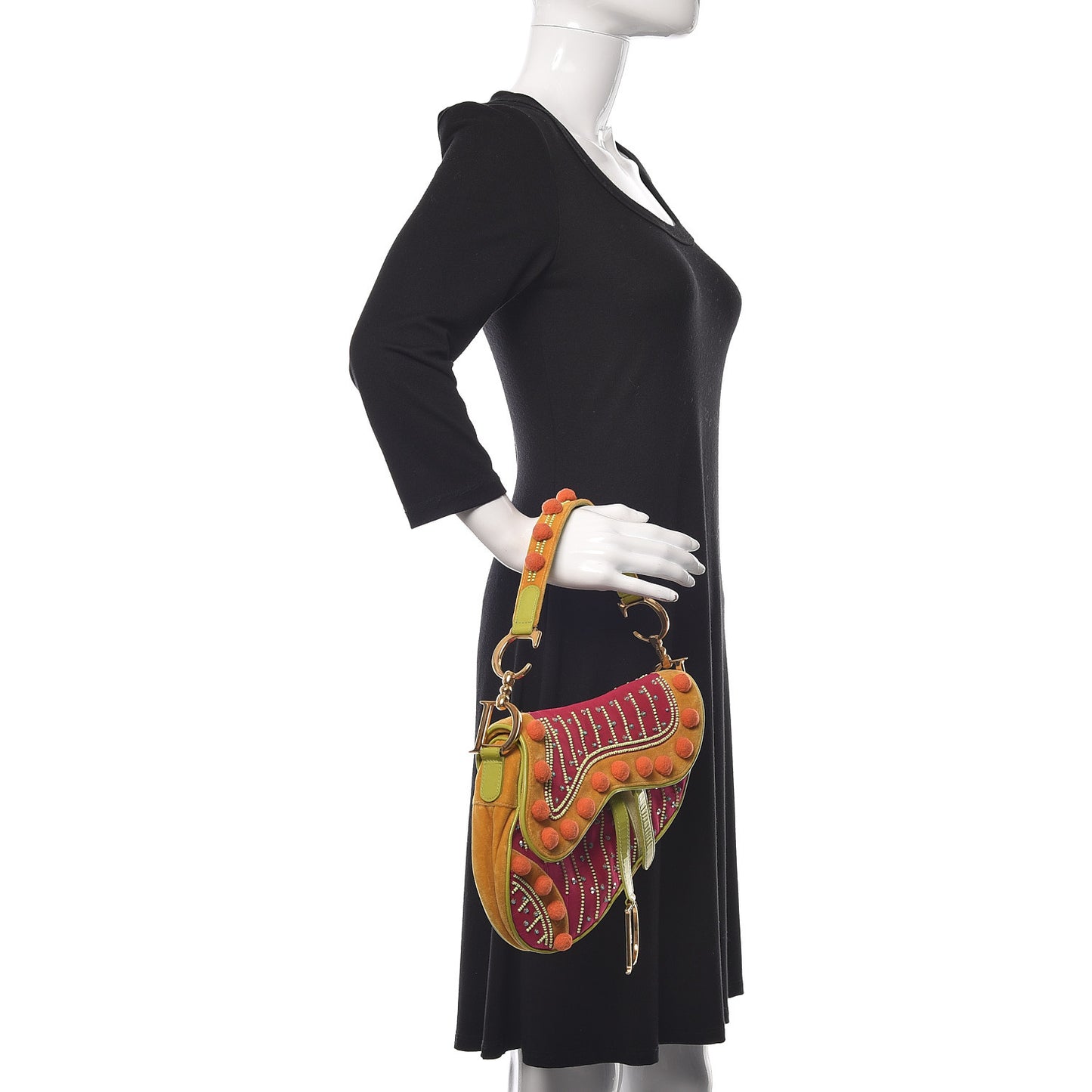 Velvet Nylon Pom Pom Saddle Bag Multicolor