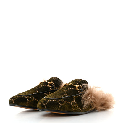 Gucci Velvet GG Monogram Fur Womens Princetown Slippers 37.5 Khaki 3 of 7