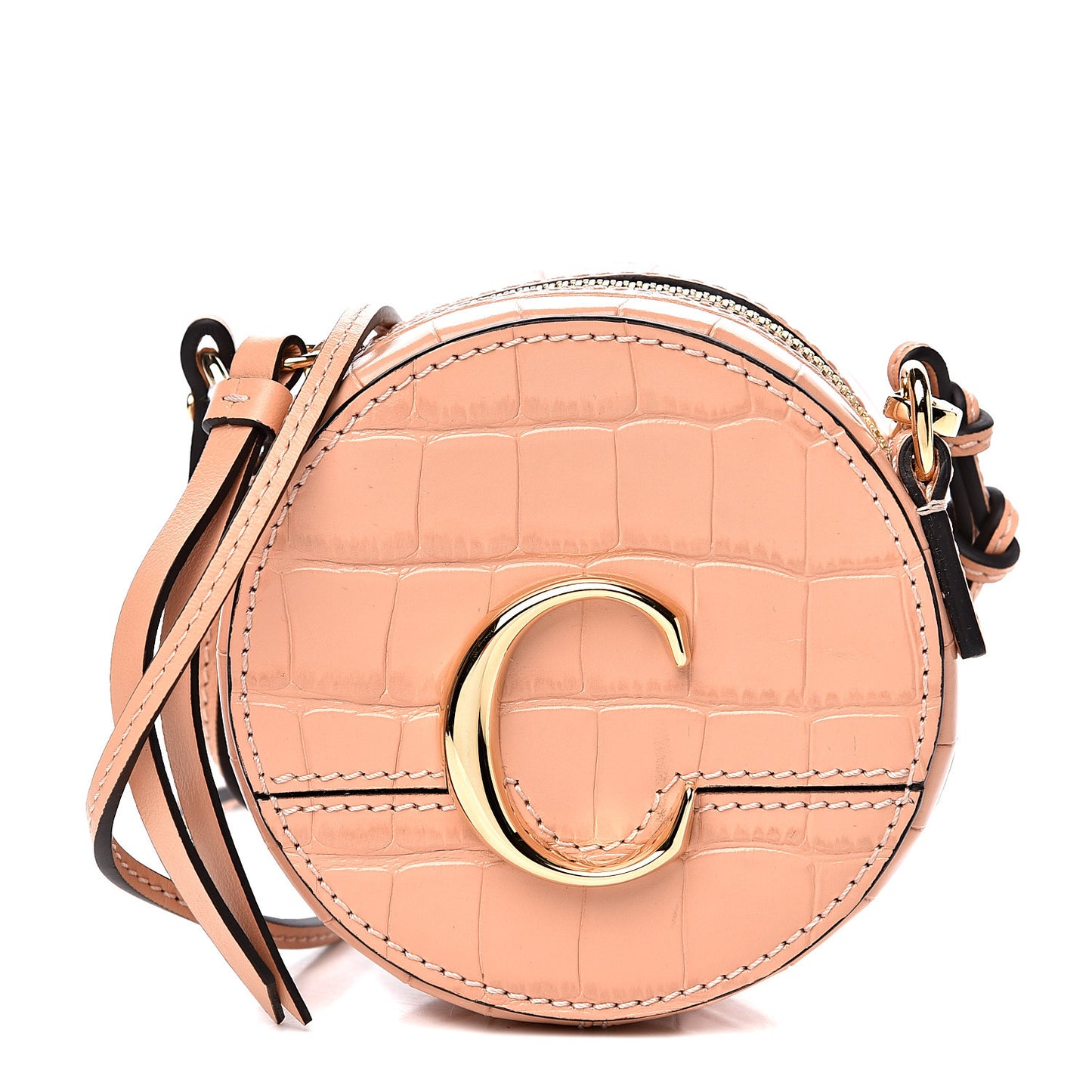 Calfskin Crocodile Embossed Mini C Round Crossbody Milky Orange
