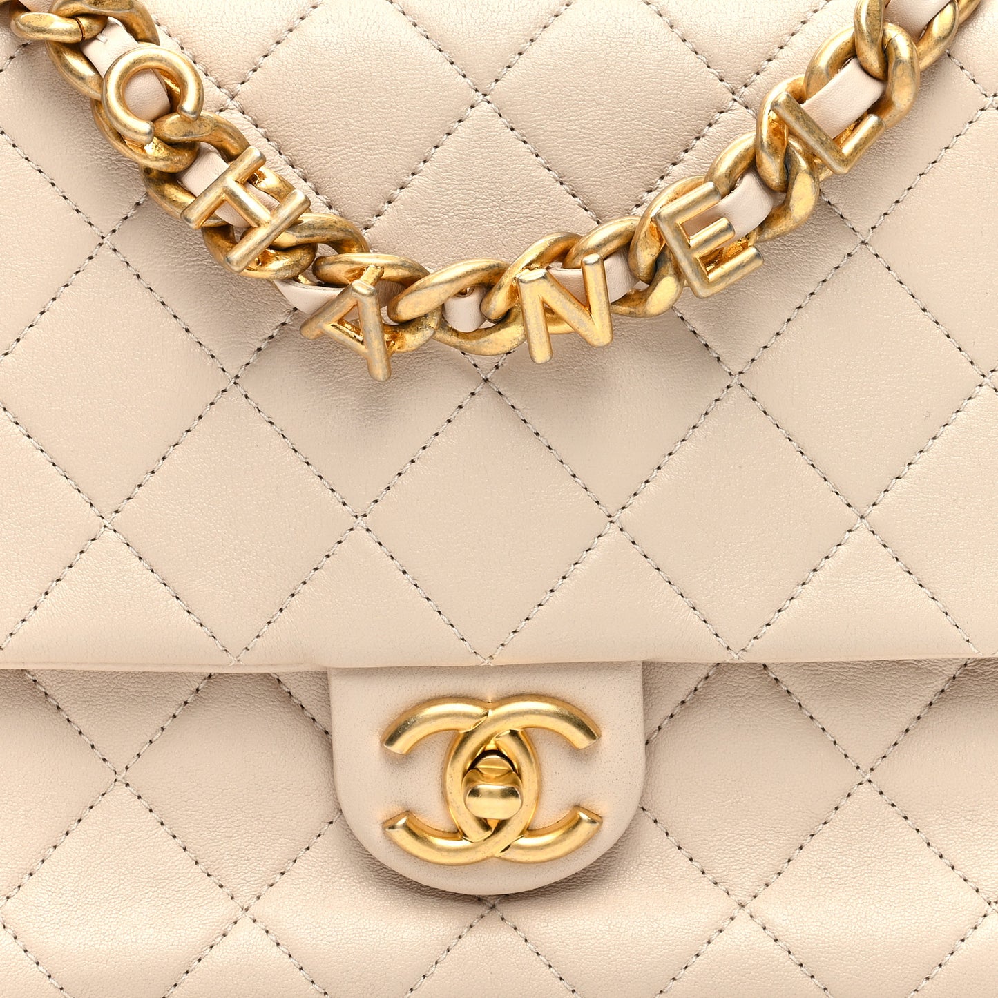 Lambskin Quilted Chaine Lettre Square Flap Beige