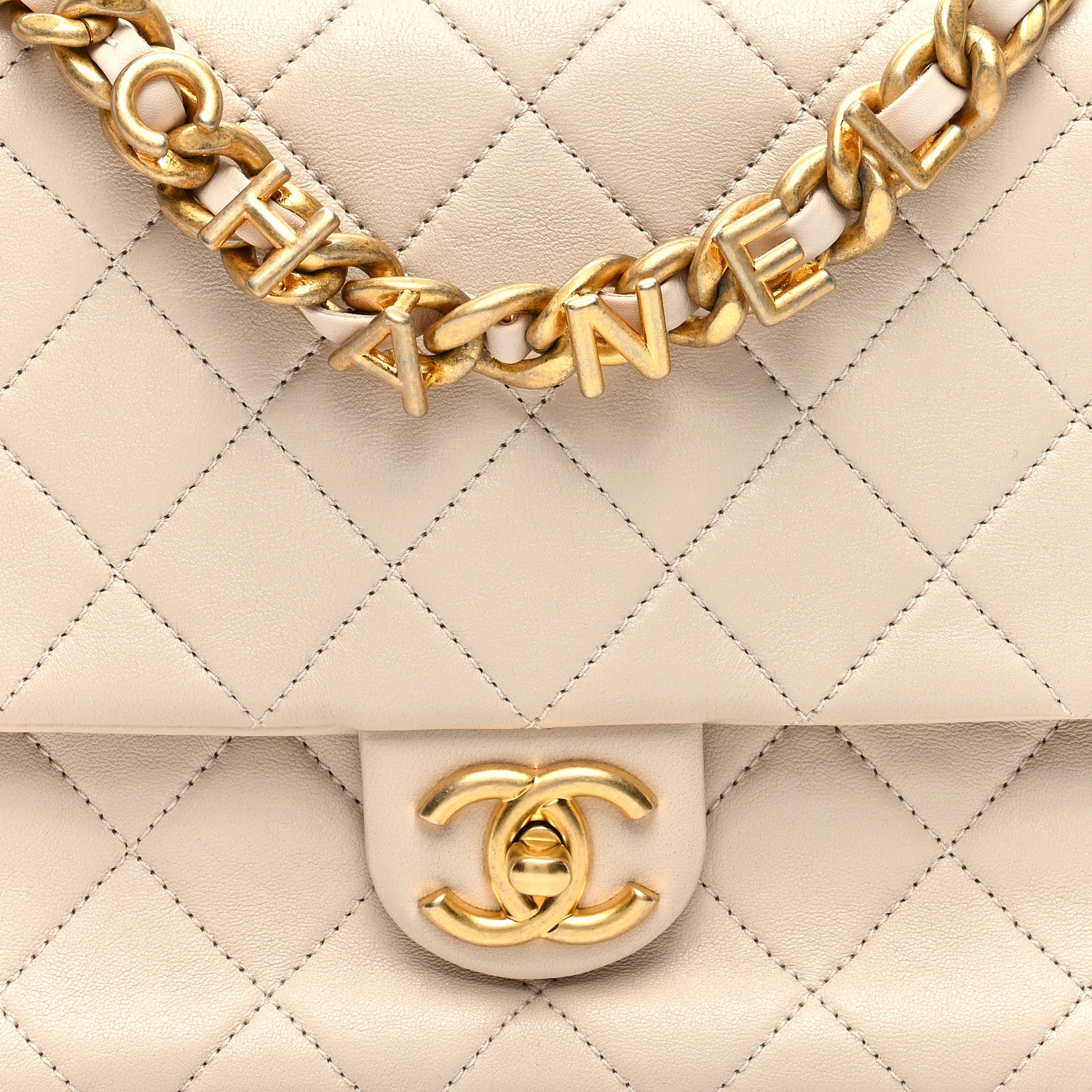 Chanel Lambskin Quilted Chaine Lettre Square Flap Beige 8 of 10