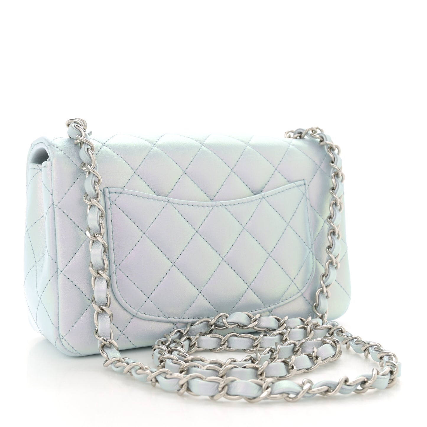 Iridescent Calfskin Quilted Mini Rectangular Flap Light Blue