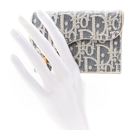 Christian Dior Chambray Raffia Effect Oblique Saddle Bloom Card Holder Blue Light Biscuit 2 of 8