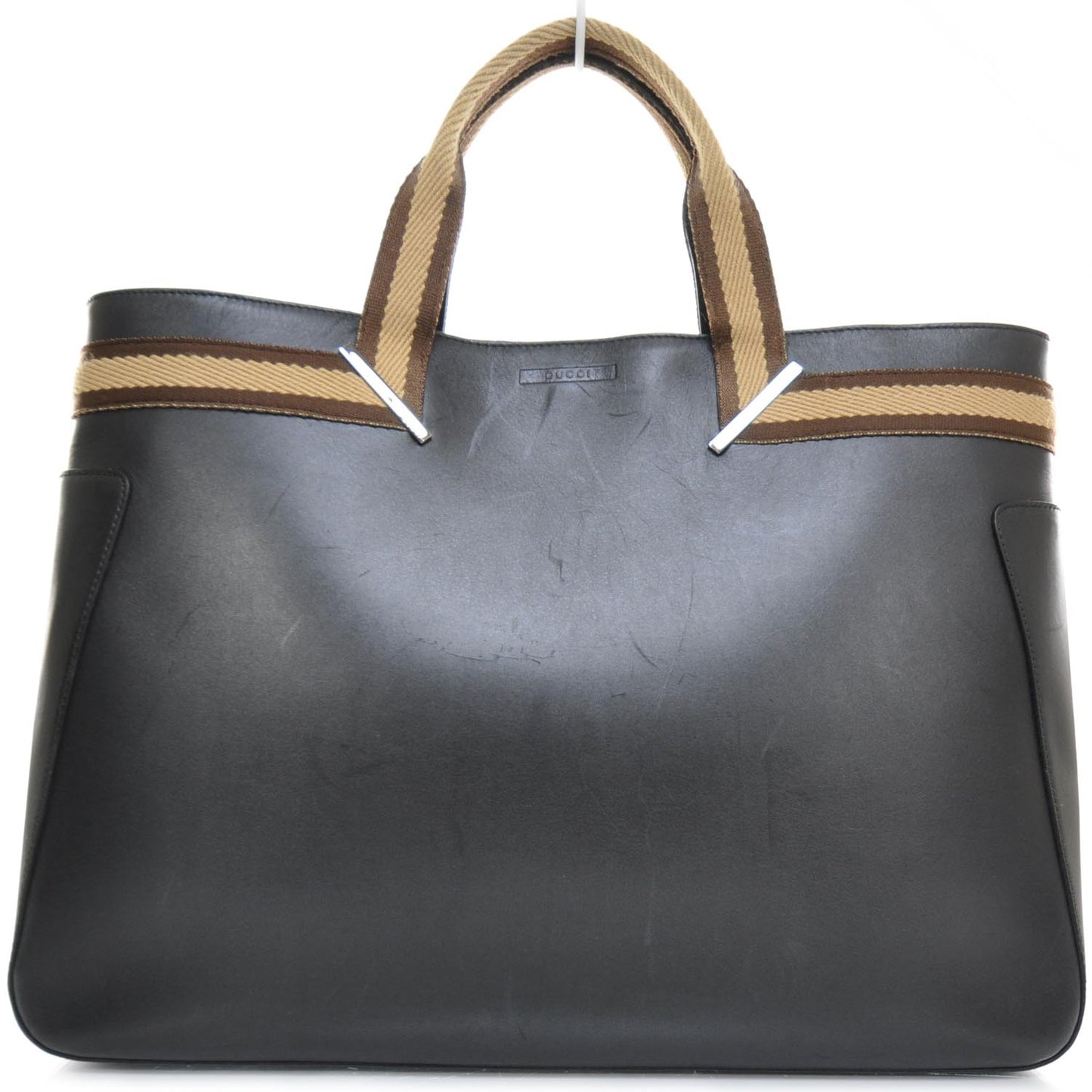 Smooth Leather Web Handles Tote Black