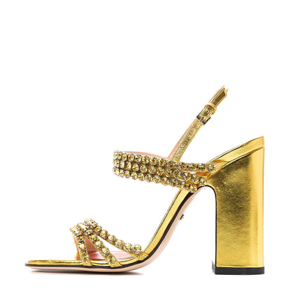 Gucci Nappa Silk Crystal Bertie High Heel Sandals 36.5 Gold 1 of 10