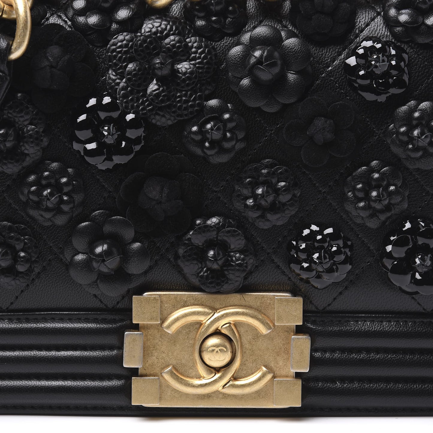 Lambskin Embroidered Camellia Quilted Small Boy Flap Black
