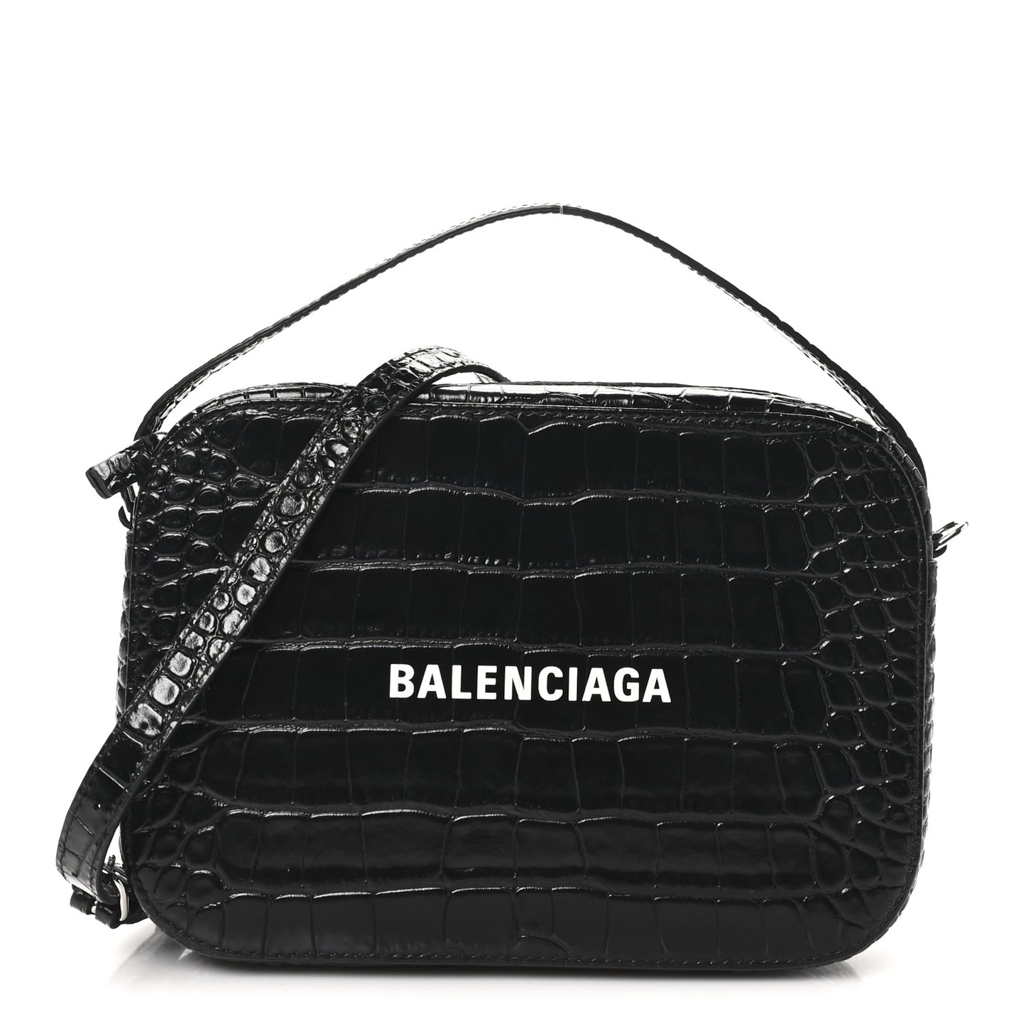 Shiny Calfskin Logo Crocodile Embossed S Everyday Camera Bag with Handle Black