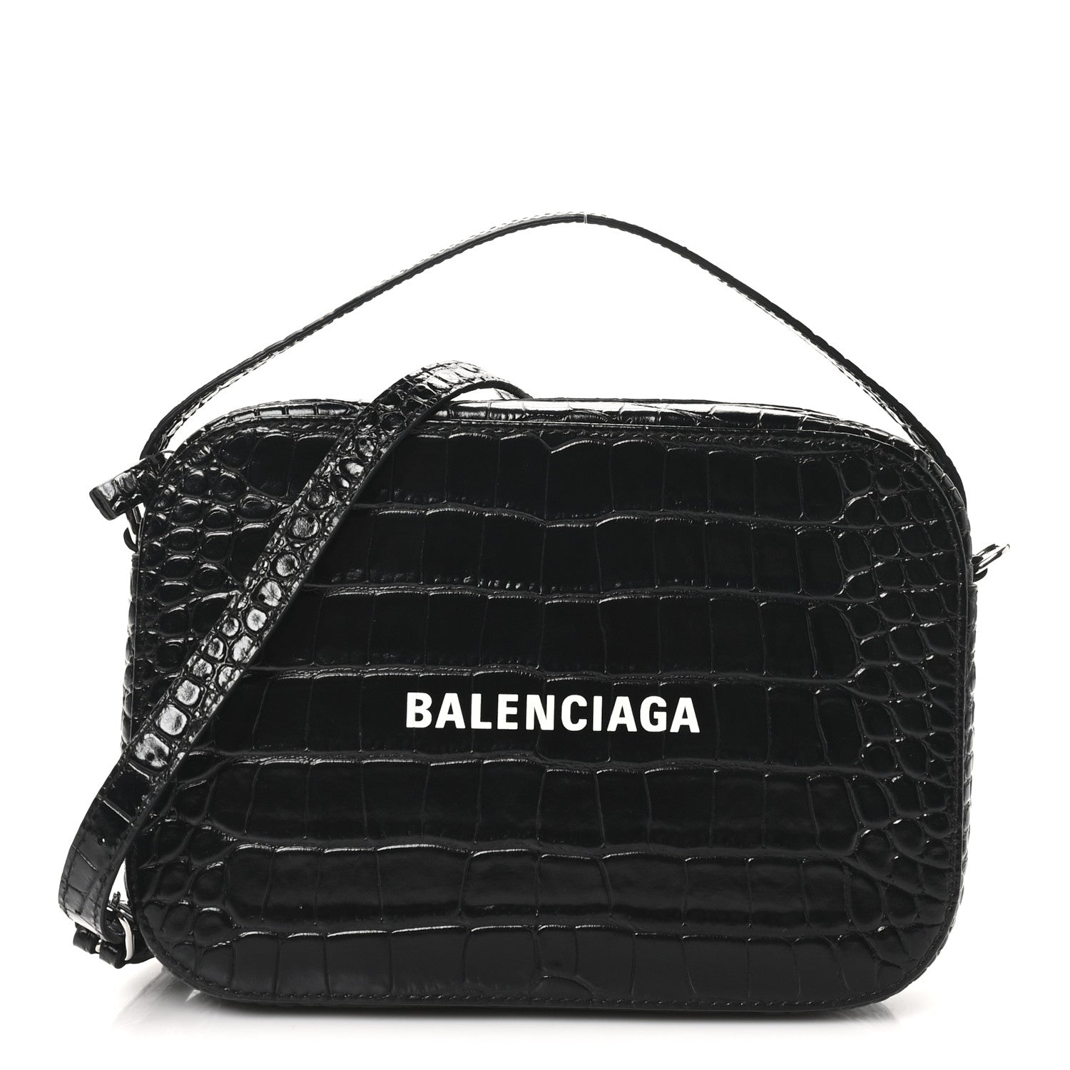 Balenciaga Shiny Calfskin Logo Crocodile Embossed S Everyday Camera Bag with Handle Black 1 of 8