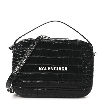 Balenciaga Shiny Calfskin Logo Crocodile Embossed S Everyday Camera Bag with Handle Black 1 of 8