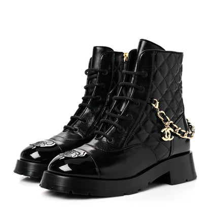 Chanel Shiny Calfskin Patent Quilted Chain Lace Up Combat Boots 37.5 Black 3 of 8